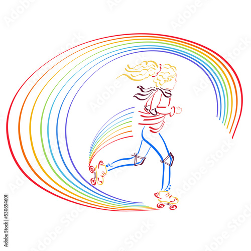 girl is quickly rollerblading and a rainbow is created under the wheels
