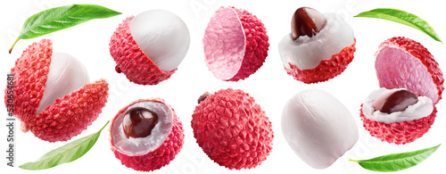 A set of ripe lychee fruits: one whole and six differently peeled, lychee peel and leaves. PNG with transparent background. photo