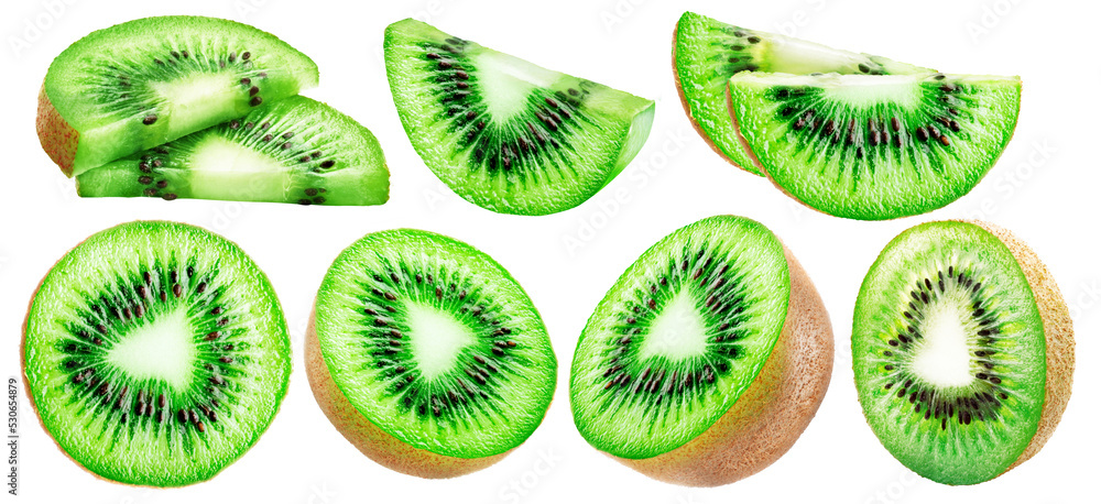 Set of ripe cut kiwi fruits. PNG with transparent background. Set of ripe cut kiwi fruits. PNG with transparent background.