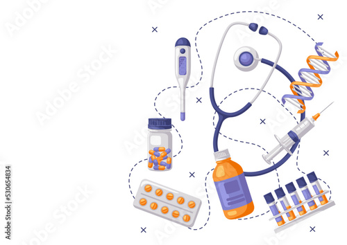Background with medical and healthcare items. Equipment for pharmacies and hospitals.