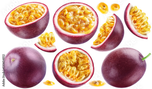 A set of ripe passion fruits: whole and cut. PNG with transparent background.