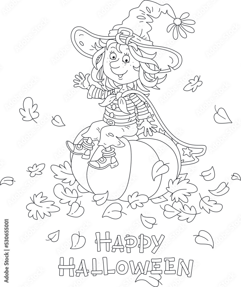 Happy little Halloween witch with a big hat and a cloak with stars sitting on a large orange pumpkin and waving in greeting among fallen autumn leaves, vector cartoon postcard Happy little Halloween witch with a big hat and a cloak with stars sitting on a large orange pumpkin and waving in greeting among fallen autumn leaves, vector cartoon postcard