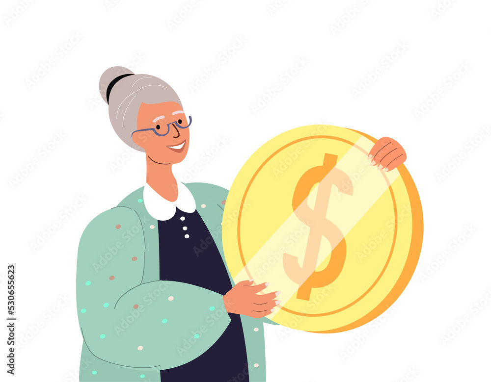 Happy Smiling Senior Female Character Holding Huge Golden Coin.Concept of Financial Wealth,Money Accumulation,Pension Savings,Wealthy Retirement,Joyful Grandparents.Cartoon People Vector Illustration Happy Smiling Senior Female Character Holding Huge Golden Coin.Concept of Financial Wealth,Money Accumulation,Pension Savings,Wealthy Retirement,Joyful Grandparents.Cartoon People Vector Illustration