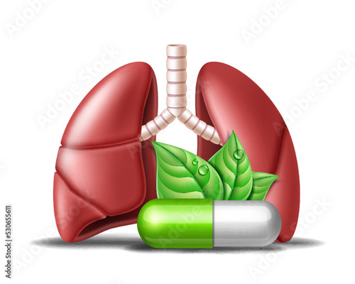 Human lungs medicine treatment concept. Illustration of lungs protection with medicine pills and green leaves