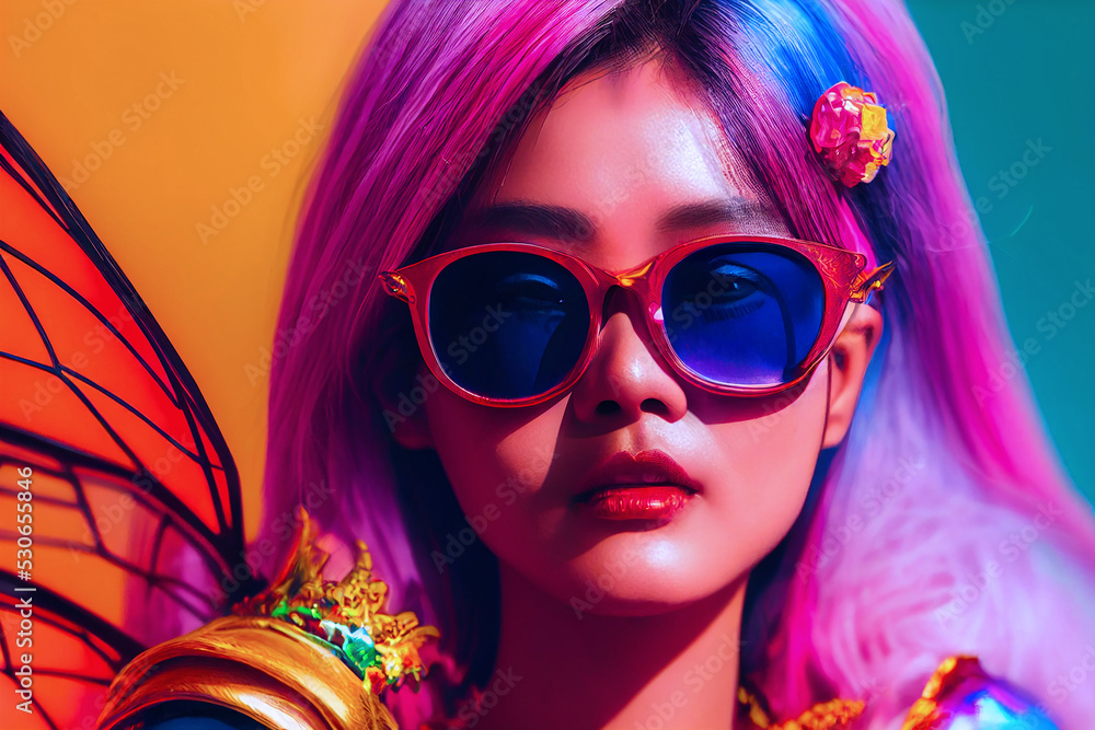 colorful fairypunk vietnamese girl wearing sunglasses digital character, generative ai