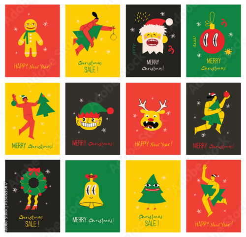 Merry Christmas and Happy New Year 2023. Vector trendy abstract illustrations of holiday card with santa claus, deer, crazy geometric shapes, christmas tree and wreath for poster.