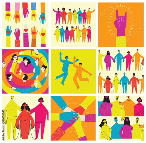 Group of people men, women are standing together. Concept of diversity, equality, tolerance, multicultural society. Vector set of multicultural people.