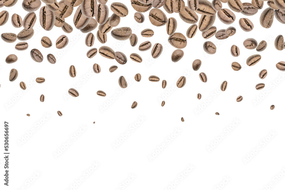 Obraz premium Coffee falling bean background. Black espresso coffee bean flying on white. Aromatic grain fall isolated. Represent breakfast for energy and freshness concept.