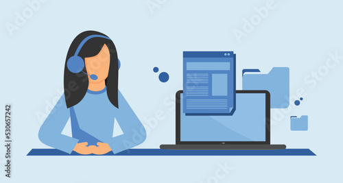 girl in headphones with a laptop works in a call center, support line, operator on the phone, hotline to solve customer problems, online psychologist, chat bot, contact us, customer support service