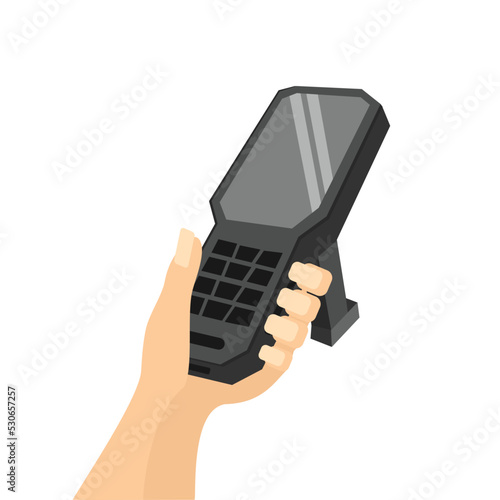 Handheld data collection terminal in hand scans barcodes on a box in a warehouse, inventory control, barcode scanner, qr codes, isolated Laser scanner of a data collection terminal white background