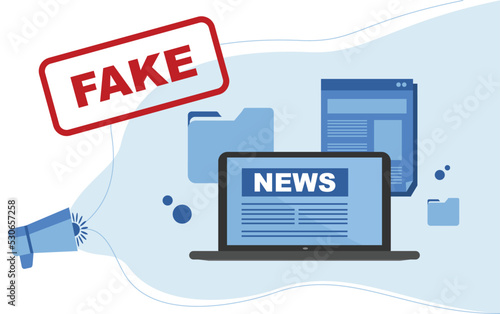 propaganda fake news, news laptop, news column, journalist articles, bullhorn fake news, tabloid press, fake news spreading concept. Deception on the Internet and social networks. Misinformation is be