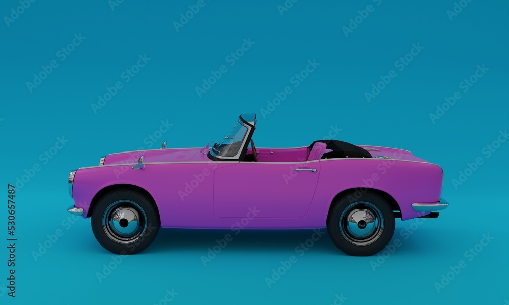 3d illustration, convertible old car, classic, pink color, blue background, 3d rendering