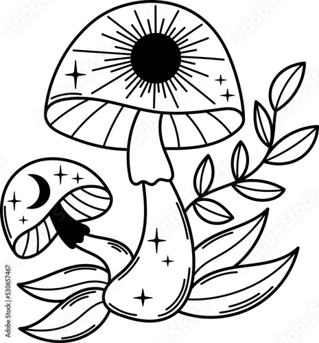 Witchy magic outline mushrooms vector clipart. Mystical boho celestial line art mushrooms illustration