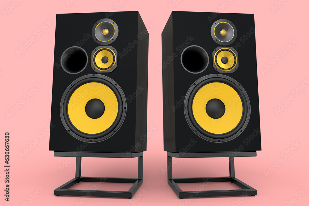 Hi-fi speakers with loudspeakers on stand on pink background. Hi-fi speakers with loudspeakers on stand on pink background.