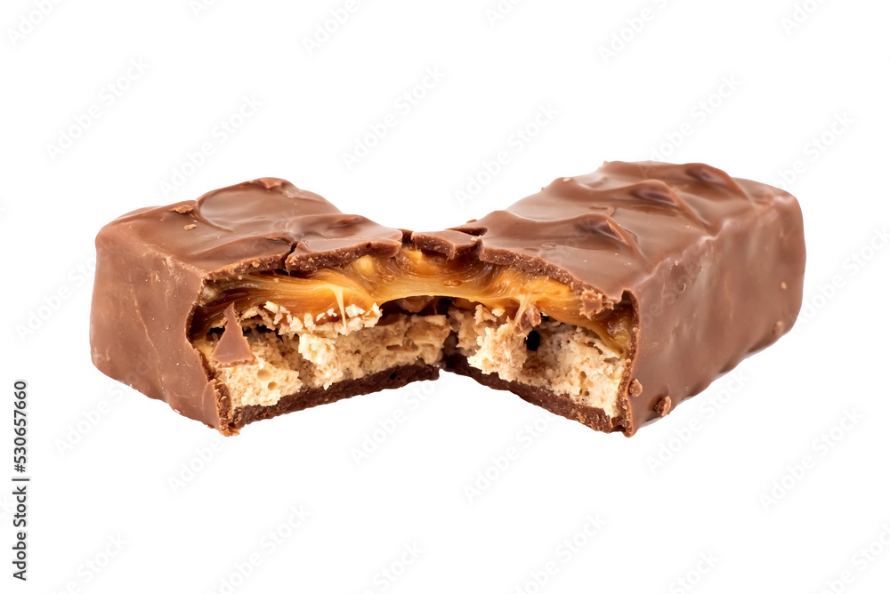 Chocolate bar with nougat on a white background. The bar is broken into two parts isolate Chocolate bar with nougat on a white background. The bar is broken into two parts isolate