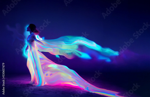 Fotobehang A woman dancing in the wind in holographic dress