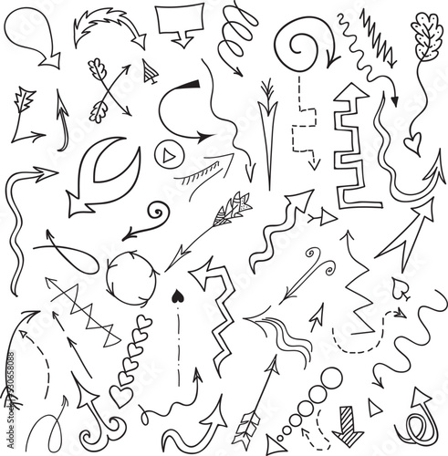 Hand drawn doodle design elements. Hand drawn arrows, frames, borders, icons and symbols. Cartoon style infographics elements
