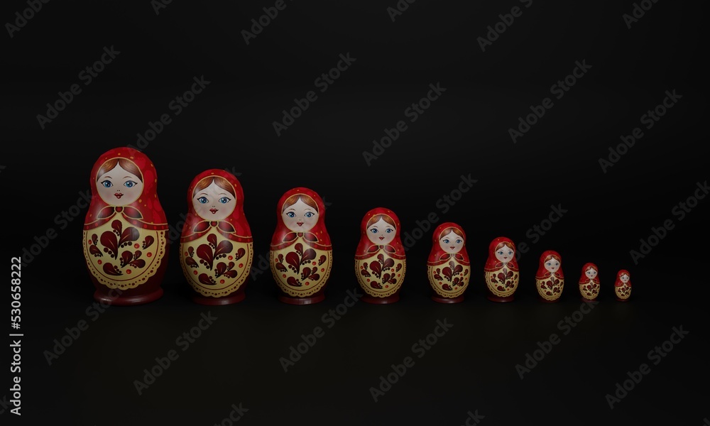 3d illustration, set of matryshka, traditional Russian dolls, beautifully colored, black background, 3d rendring 3d illustration, set of matryshka, traditional Russian dolls, beautifully colored, black background, 3d rendring