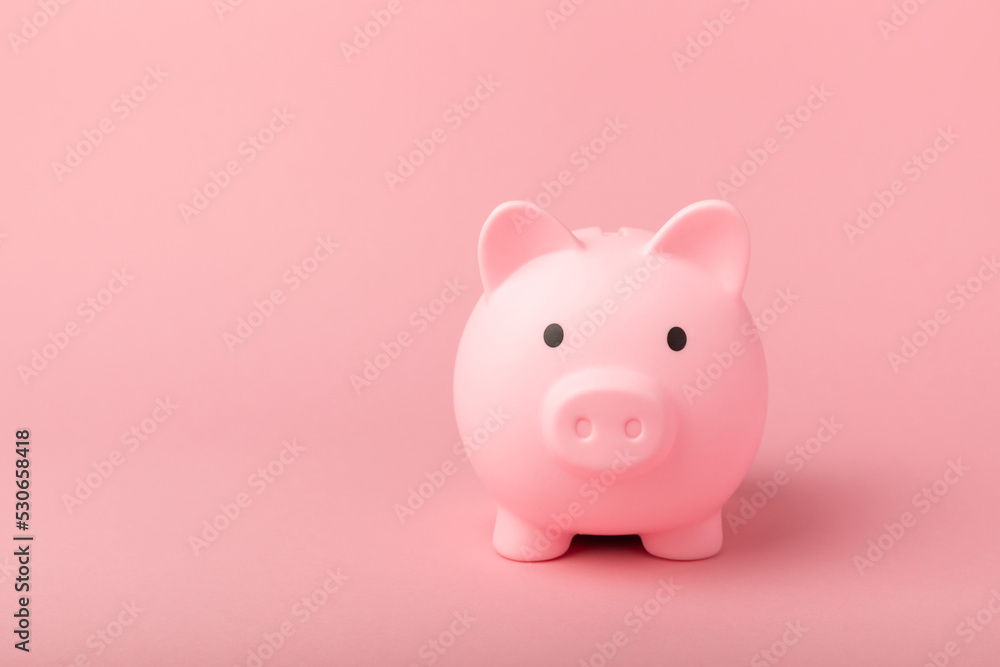 Piggy bank on pink texture background. Close-up. Space for copy. Flat lay. Savings and accumulation concept.