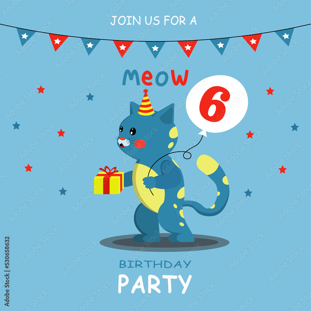 Fototapeta premium Card: Cheerful cat calls for a birthday celebration
