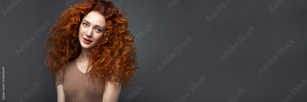 Banner. Portrait of a red-haired woman on a dark gray background. The woman looks directly into the camera. With space to copy. High quality photo Banner. Portrait of a red-haired woman on a dark gray background. The woman looks directly into the camera. With space to copy. High quality photo