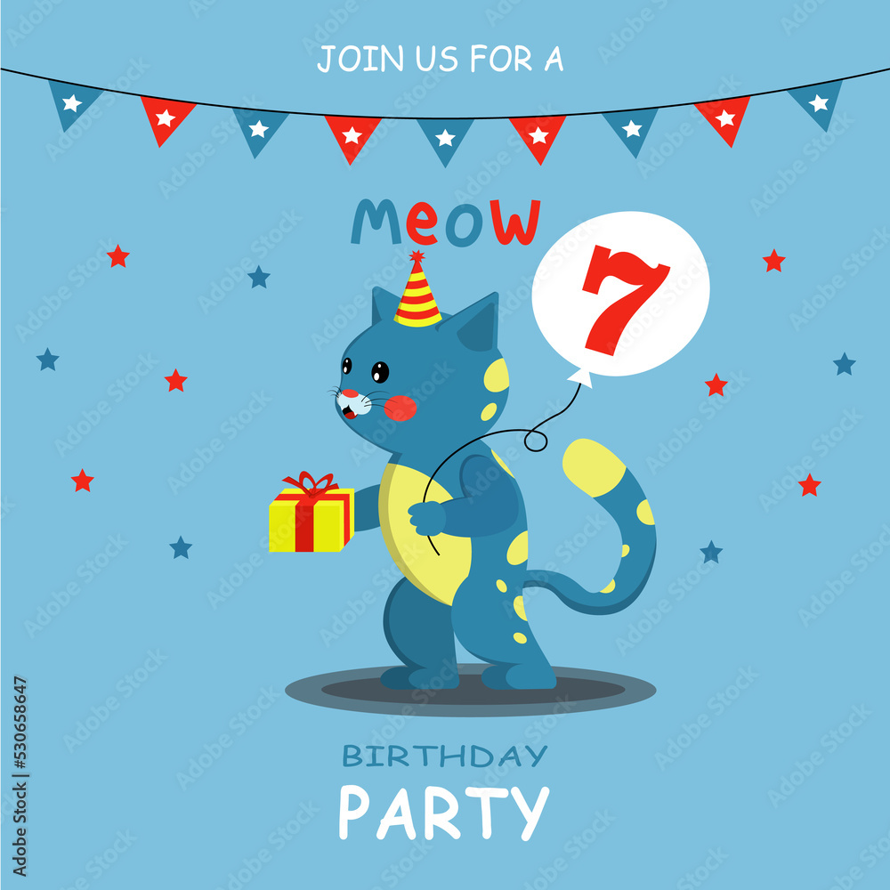 Fototapeta premium Card: Cheerful cat calls for a birthday celebration