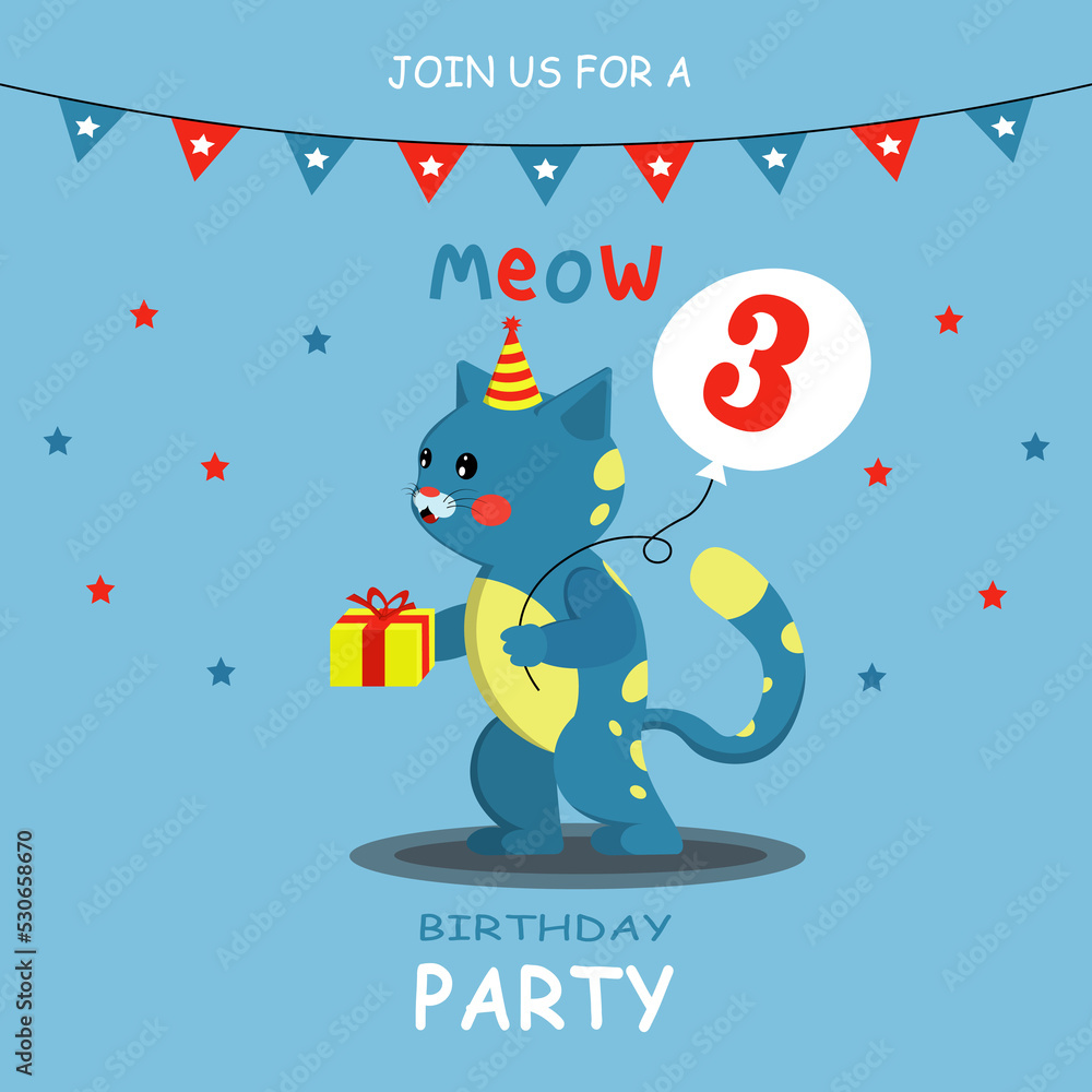 Fototapeta premium Card: Cheerful cat calls for a birthday celebration