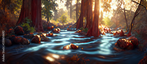 Fotografie, Obraz Peaceful river flowing through a tall redwood forest Digital Art Illustration Pa