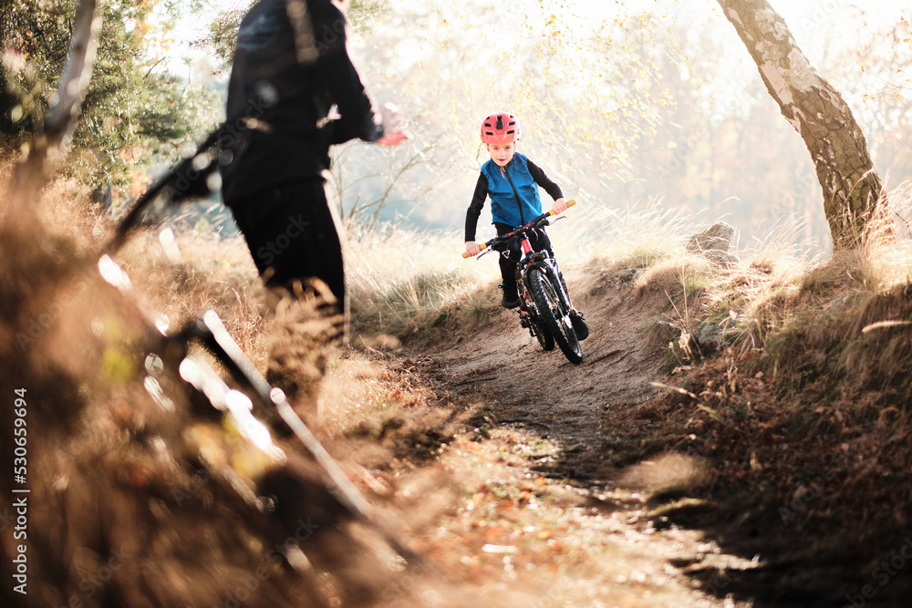 Naklejka premium Father and son mountain biking on path in woods
