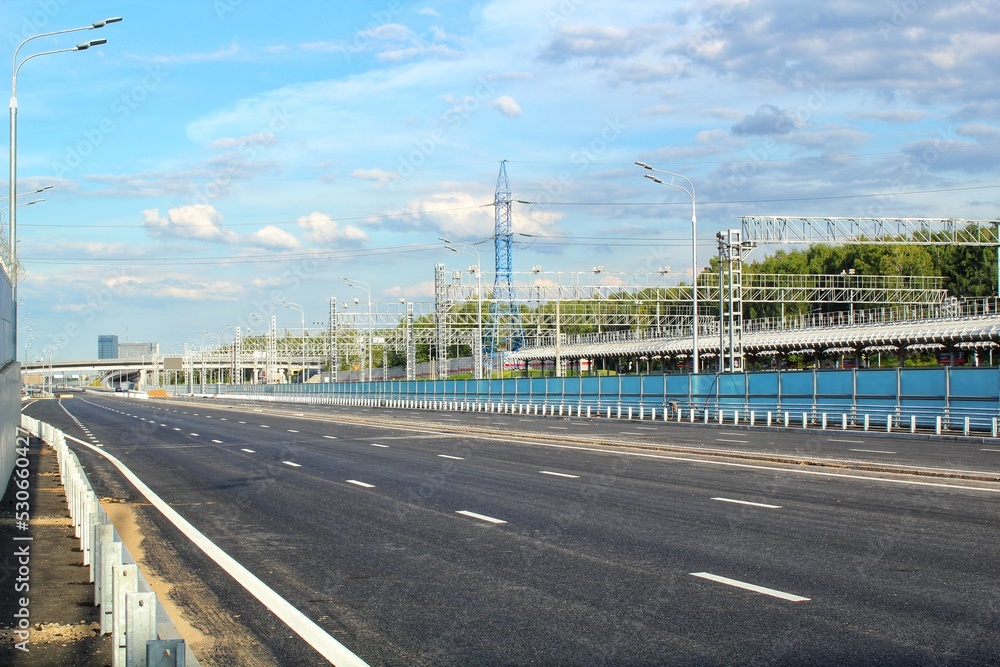 New traffic intersection road construction site. Development of Transport infrastructure junction, improvement highway. Overpopulation problem. Erection overpass of northeast chord in Moscow, Russia