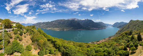 Beautiful aerial panoramic view of Bellagio and Lake Como from the drone photo