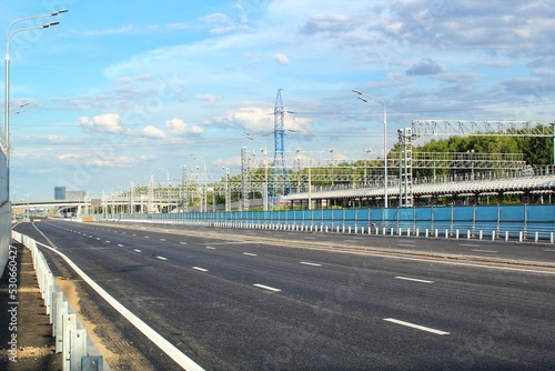 New traffic intersection road construction site. Development of Transport infrastructure junction  improvement highway. Overpopulation problem. Erection overpass of northeast chord in Moscow  Russia