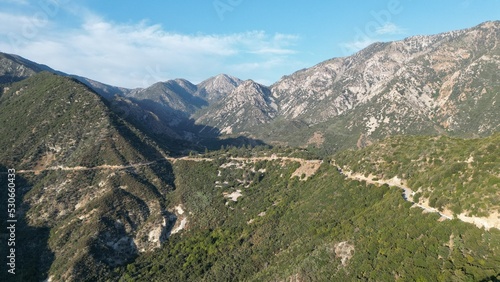 Rancho Cucamonga California Mountain Range in the desert with roads and trees