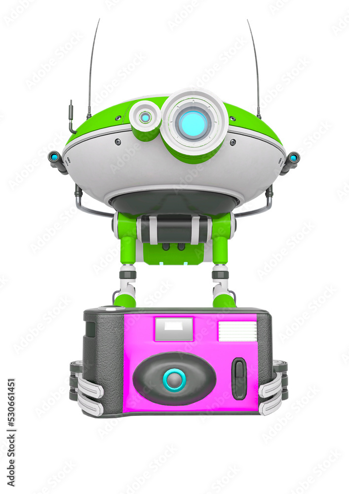Fototapeta premium floating robot is holding an old fashion disponsable camera photographic