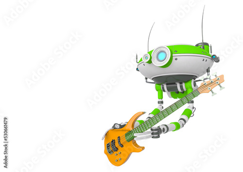 Fototapeta Naklejka Na Ścianę i Meble -  floating robot is holding and playing an electric guitar side view with copy space