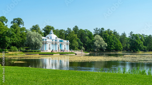 Pavilion Grotto on bank of Big Pond in Catherine Park in Tsarskoye Selo, Russia. Pushkin city