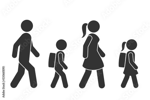 Walking man, woman, boy and girl icons. Vector sign for pedestrian crossing or warning symbol. Icon set of people moving forward, side view.