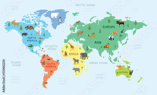 Mapa mundi con divisiones y animales, los cinco continentes y separado cada uno con su color. photo