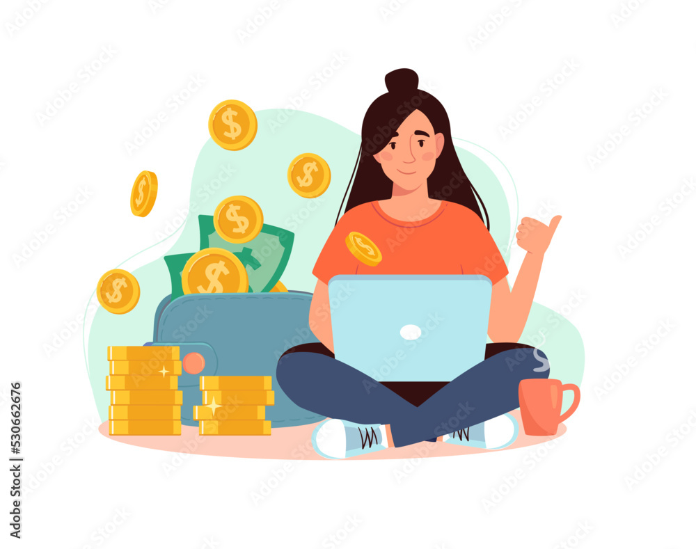 Obraz premium Freelancer at the laptop, from which gold coins are pouring into a wallet with dollars. Rich woman works at home. Girl and big income, earn money online. Vector illustration flat,isolated background