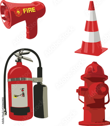 Bomberos, pack, Cono rojo, hidrante, alarma manual, extintor de fuego