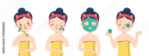 Girl skin care face. Gua sha massage. Using a sheet mask and a cucumber mask. Vector set. Cute woman illustration isolated on white background