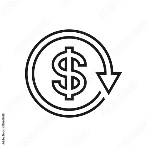 Dollar sign in circular arrow. Chargeback, refund, return money icon line style isolated on white background. Vector illustration
