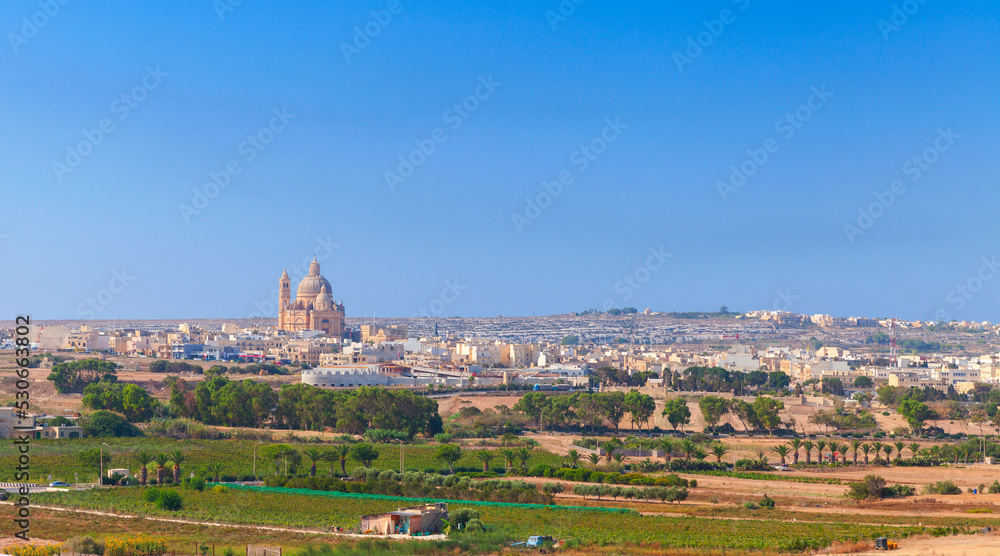 Summer landscape of Gozo island, Malta. Xewkija town