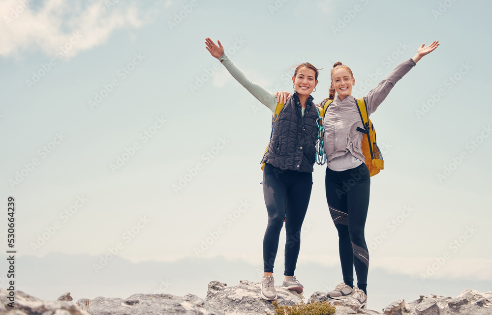 Travel, hiking and success with women on mountain cliff, trekking and adventure trip together. Freedom, landscape and rock climbing with friends explore on backpack journey and standing on hill top Travel, hiking and success with women on mountain cliff, trekking and adventure trip together. Freedom, landscape and rock climbing with friends explore on backpack journey and standing on hill top