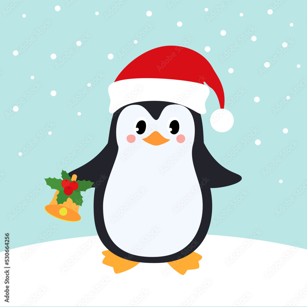 Penguin in Santa Claus red christmas hat. Winter background. Vector illustration.