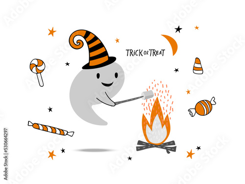 Trick or Treat Halloween card. Cute ghost roasts marshmallows on stick over bonfire. Smiling ghost surrounded by sweets. Vector illustration in cartoon flat style for poster, greeting, invitation