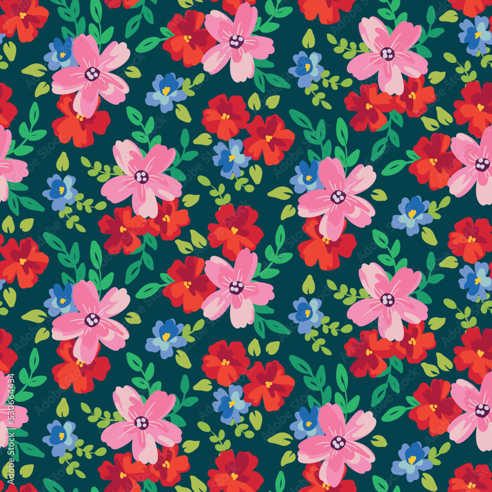 Seamless floral pattern, beautiful ditsy print with colorful meadow. Abstract composition of small hand drawn plants: various flowers, leaves. Pretty botanical surface design. Vector illustration.