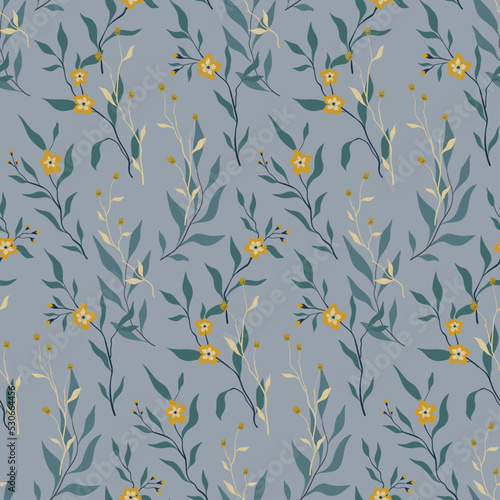 Seamless floral pattern with winter botany in vintage style. Abstract botanical composition with hand drawn wild plants: small flowers on branches, leaves on a blue background. Vector illustration.