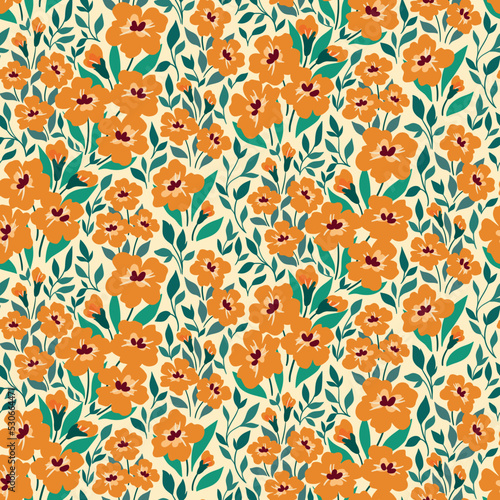 Seamless floral pattern, retro style ditsy print with rustic meadow, small orange flowers on a light background. Botanical surface design with pretty hand drawn wild plants: flowers, leaves. Vector.