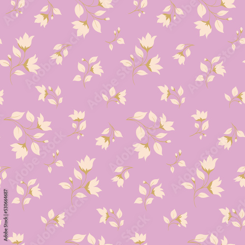 Seamless floral pattern with decorative art twigs in vintage style. Delicate botanical print, abstract arrangement of simple flowers branches with small buds and leaves on a lilac background. Vector.